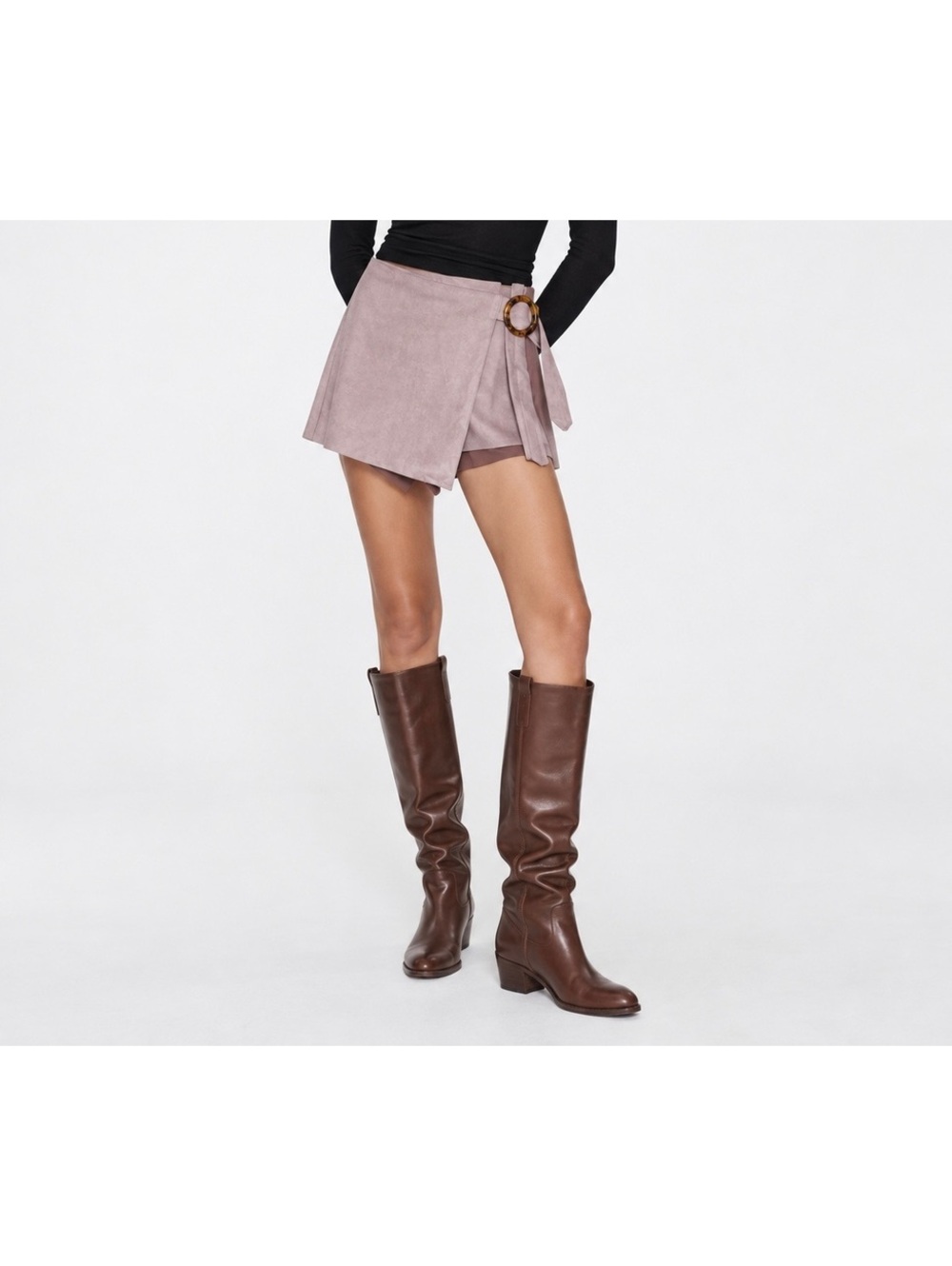 Suede Wrap Skort Tortoise Buckle Y2K Mini Shorts Zara XS Taupe Mauve